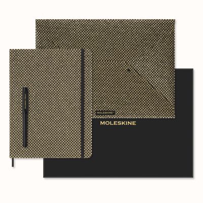 Moleskine Ltd. Ed. Shine XL Ruled Hardcover Notebook, Document Envelope, Fountain Pen Collector's Box: Gold