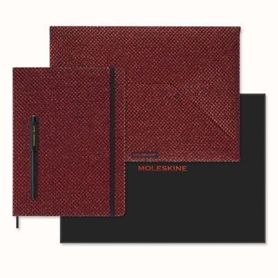 Moleskine Ltd. Ed. Shine XL Ruled Hardcover Notebook, Document Envelope, Fountain Pen Collector's Box Metallic Red